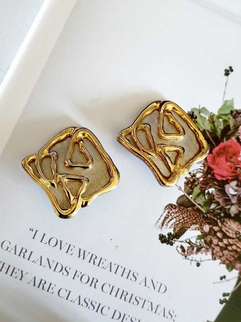 vintage jewelry  放色大膽立體金屬塗鴉 夾式耳環