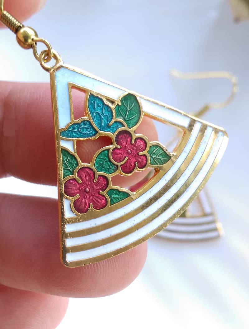 【西洋古董飾品 】景泰藍 白底 三角條紋 花卉 耳勾針 針式耳環