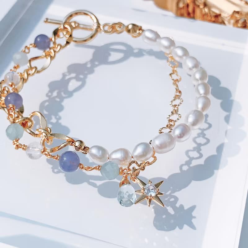 坦桑石 海藍寶 月光石 淡水珍珠 14k包金雙層手鍊