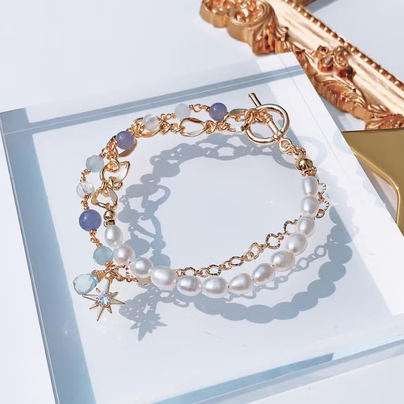 坦桑石 海藍寶 月光石 淡水珍珠 14k包金雙層手鍊