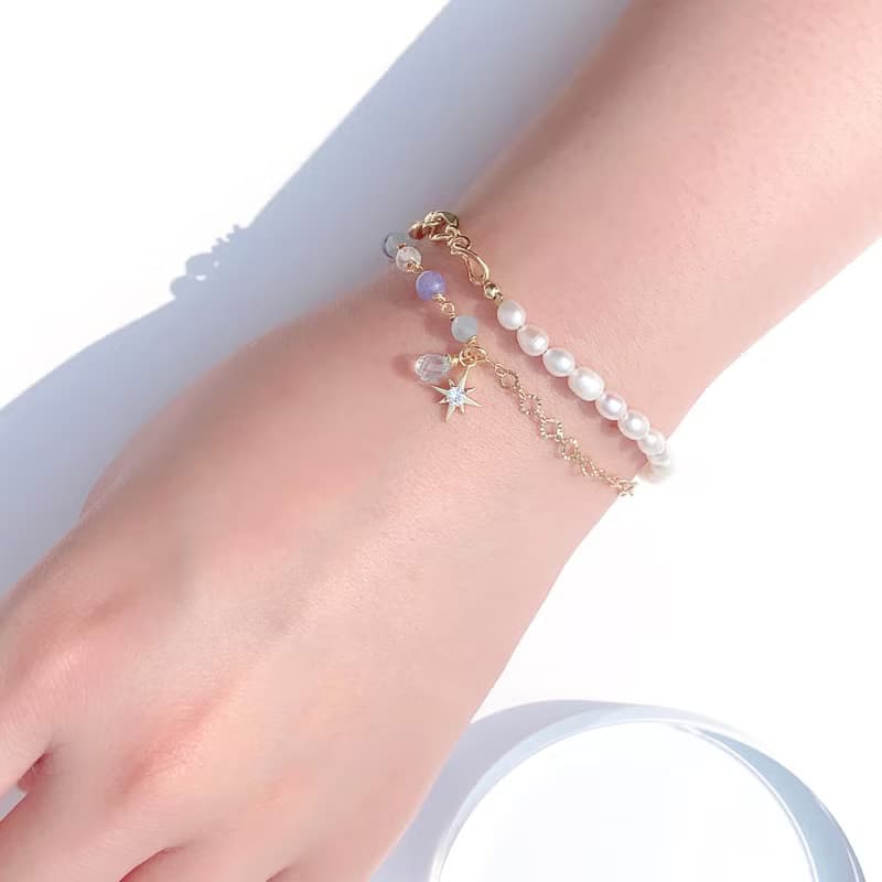 坦桑石 海藍寶 月光石 淡水珍珠 14k包金雙層手鍊