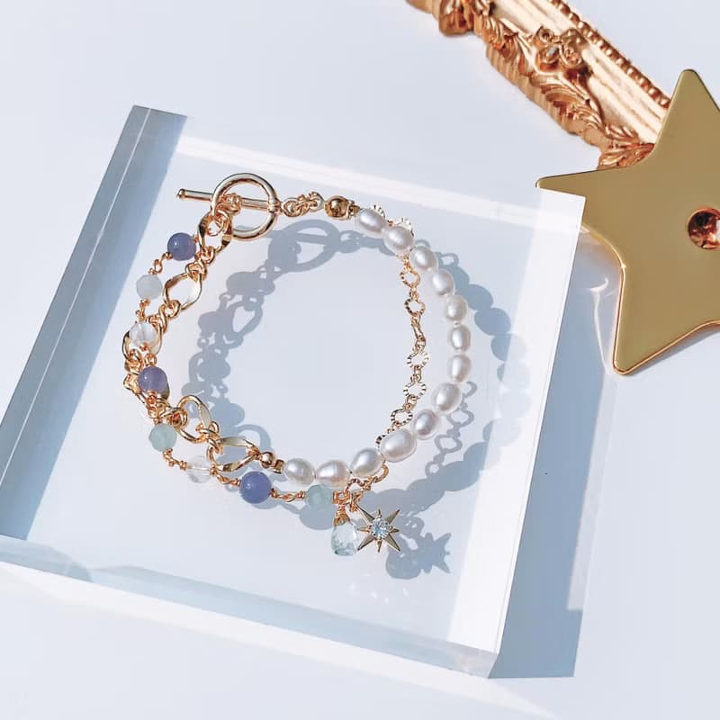 坦桑石 海藍寶 月光石 淡水珍珠 14k包金雙層手鍊