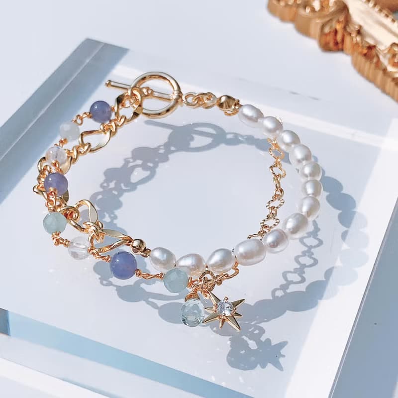 坦桑石 海藍寶 月光石 淡水珍珠 14k包金雙層手鍊