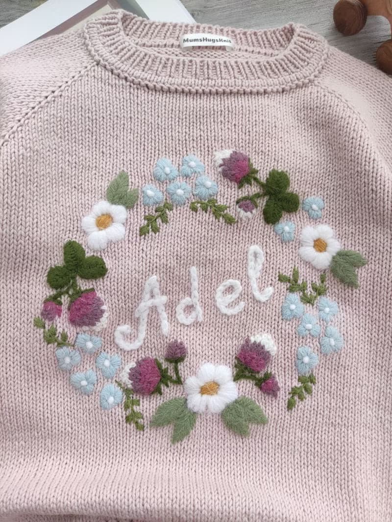 Personalized knitting handmade sweater with flower embroidery & baby girls name