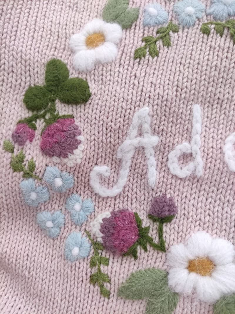Personalized knitting handmade sweater with flower embroidery & baby girls name