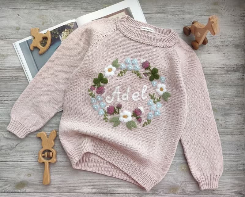 Personalized knitting handmade sweater with flower embroidery & baby girls name
