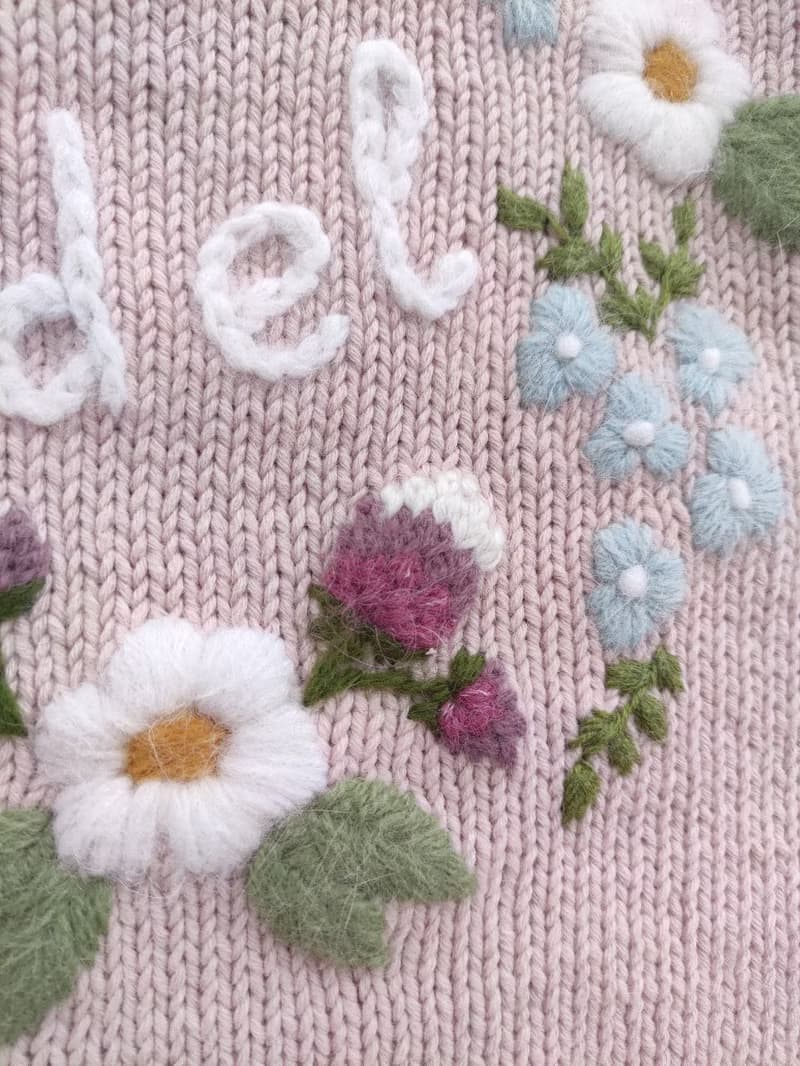 Personalized knitting handmade sweater with flower embroidery & baby girls name