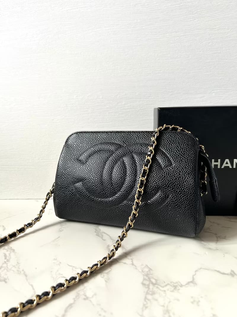 【LA LUNE】中古Chanel黑色魚子醬皮革手袋側斜孭背長夾單肩小包