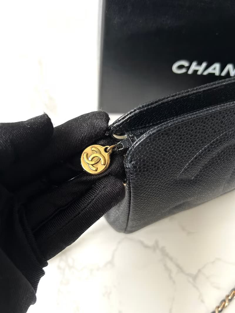 【LA LUNE】中古Chanel黑色魚子醬皮革手袋側斜孭背長夾單肩小包