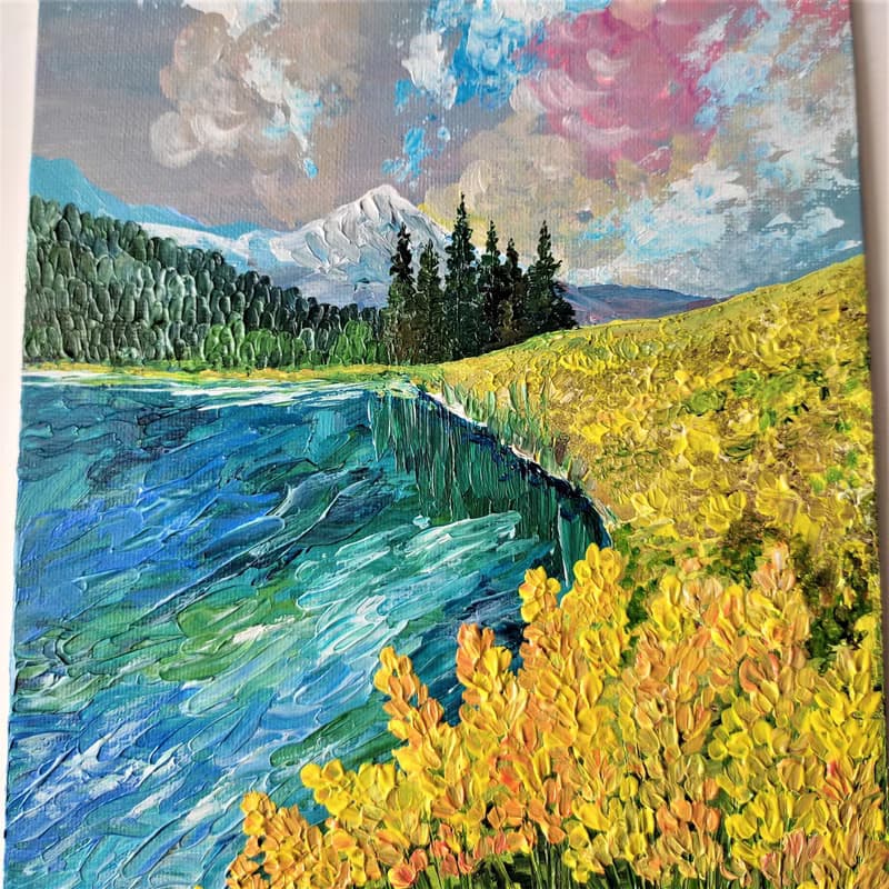 油畫山水湖畫山水掛畫客廳牆面裝飾喬遷禮物黃花