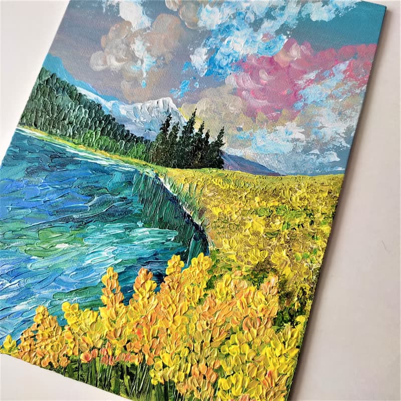 油畫山水湖畫山水掛畫客廳牆面裝飾喬遷禮物黃花