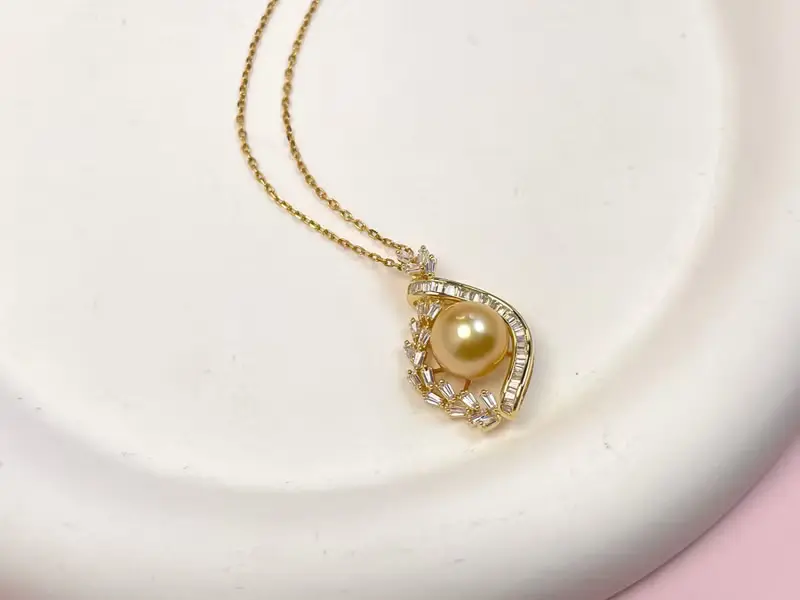 麥穗 天然海水珍珠 南洋金珠 滿鑲純銀 吊墜 贈項鏈