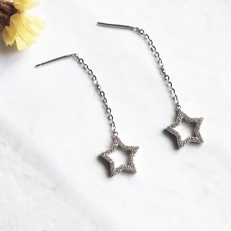 Eli Jewelry義大利正14K金星星垂墜14K白金耳環耳鍊附金飾保證卡