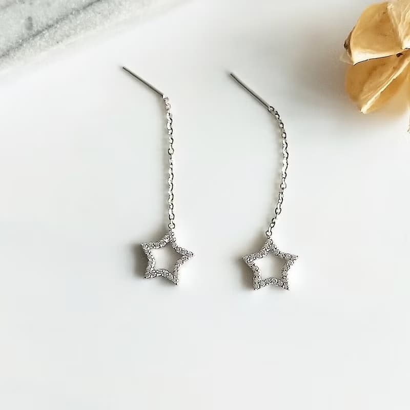 Eli Jewelry義大利正14K金星星垂墜14K白金耳環耳鍊附金飾保證卡
