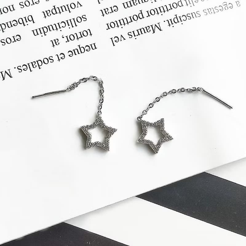 Eli Jewelry義大利正14K金星星垂墜14K白金耳環耳鍊附金飾保證卡