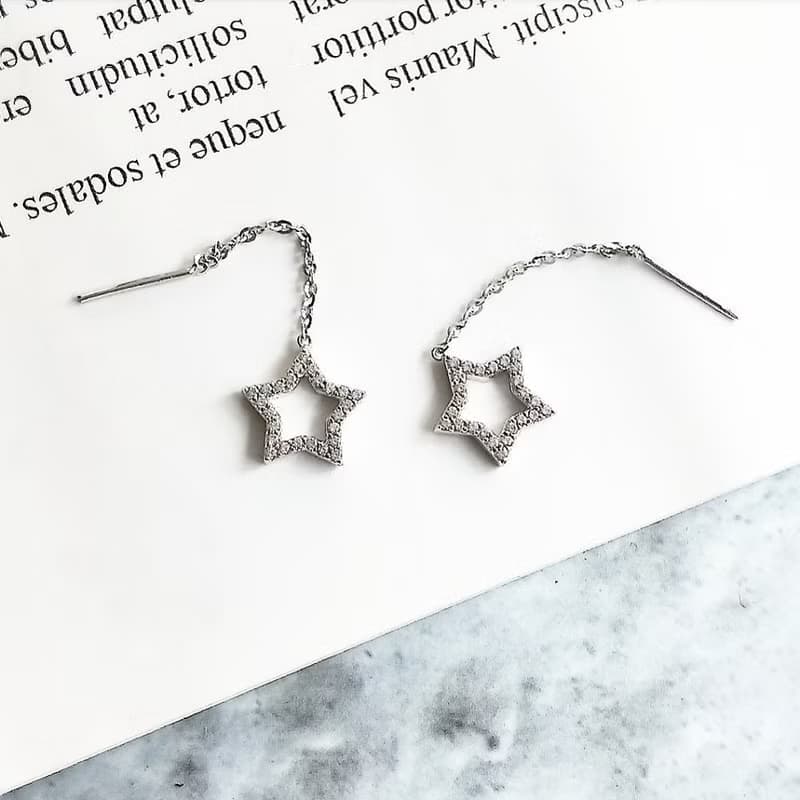 Eli Jewelry義大利正14K金星星垂墜14K白金耳環耳鍊附金飾保證卡