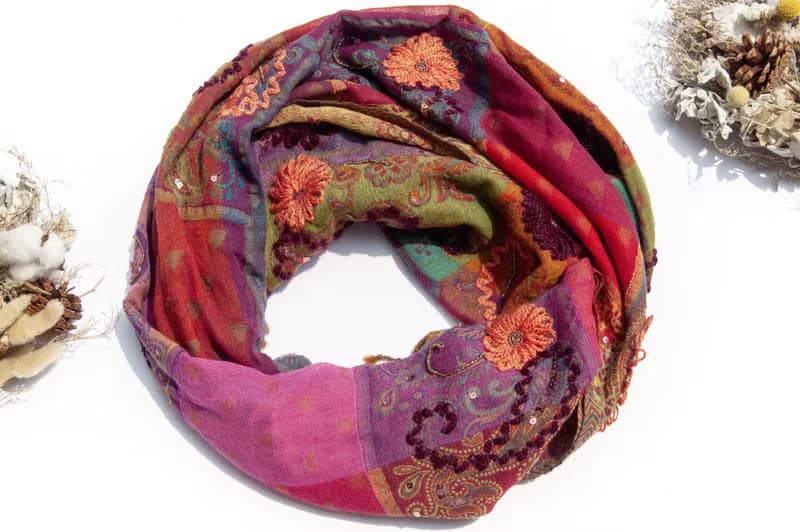 喀什米爾Cashmere/水煮羊毛披肩/針織圍巾/刺繡圍巾/羊絨披巾-花