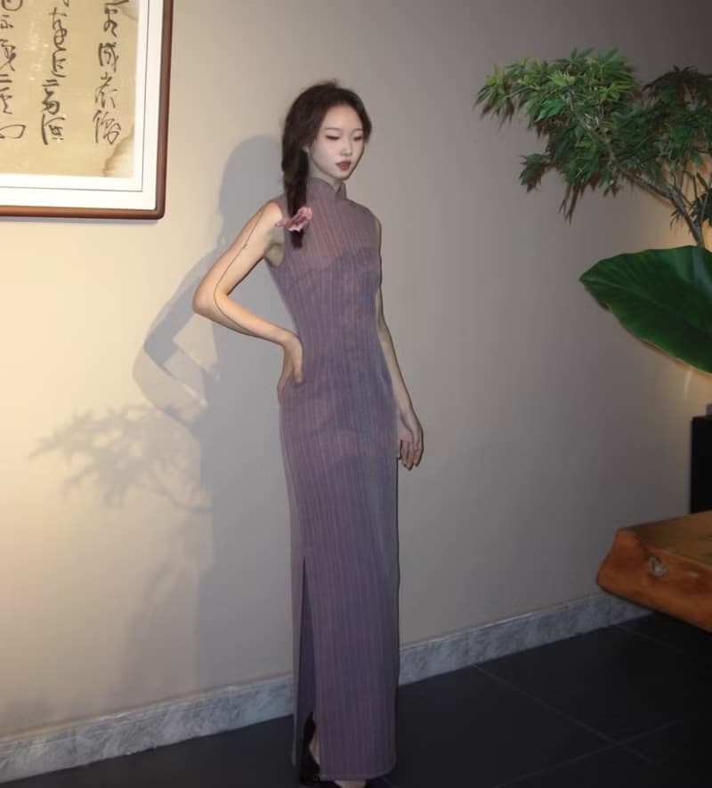 新中式復古 條紋緊身改良旗袍 紫
