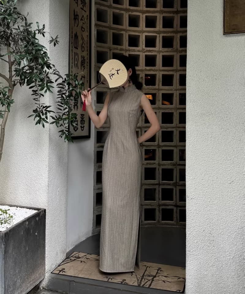 新中式復古 條紋緊身改良旗袍 紫