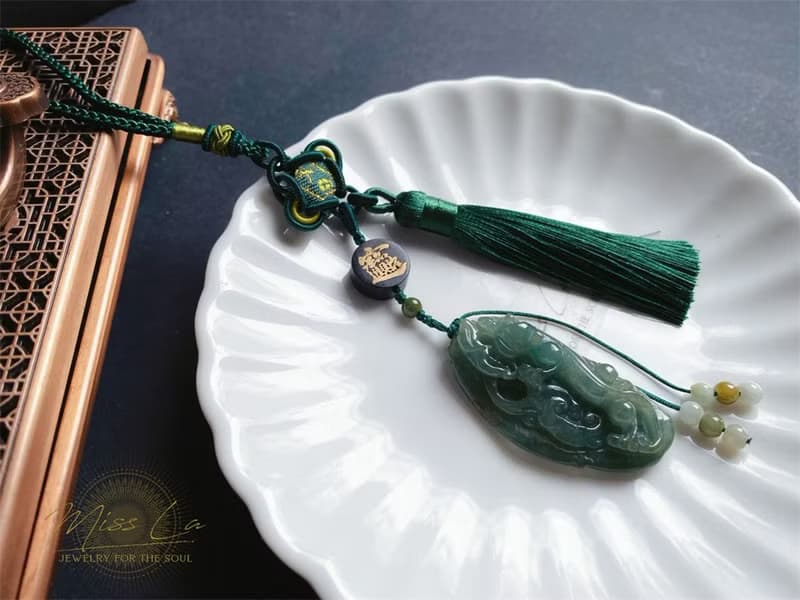天然緬甸玉 翡翠 螭龍 如意 一葉致富 發財 包掛 禮物 車掛