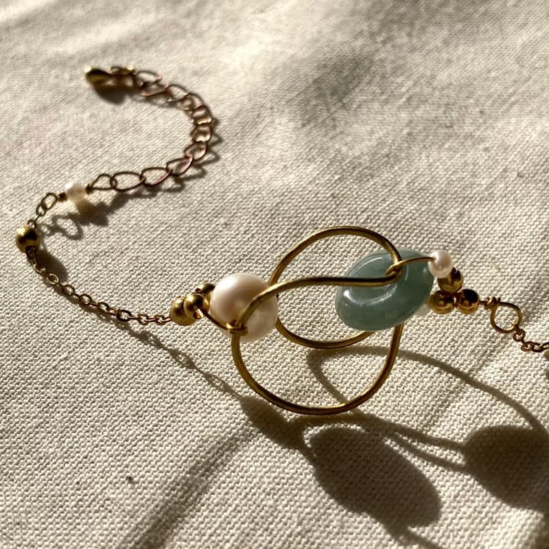 老林雜貨 | 立體黃銅圈珍珠玉石手鍊