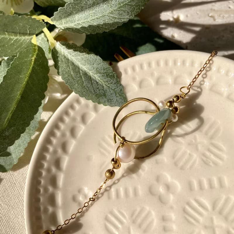 老林雜貨 | 立體黃銅圈珍珠玉石手鍊