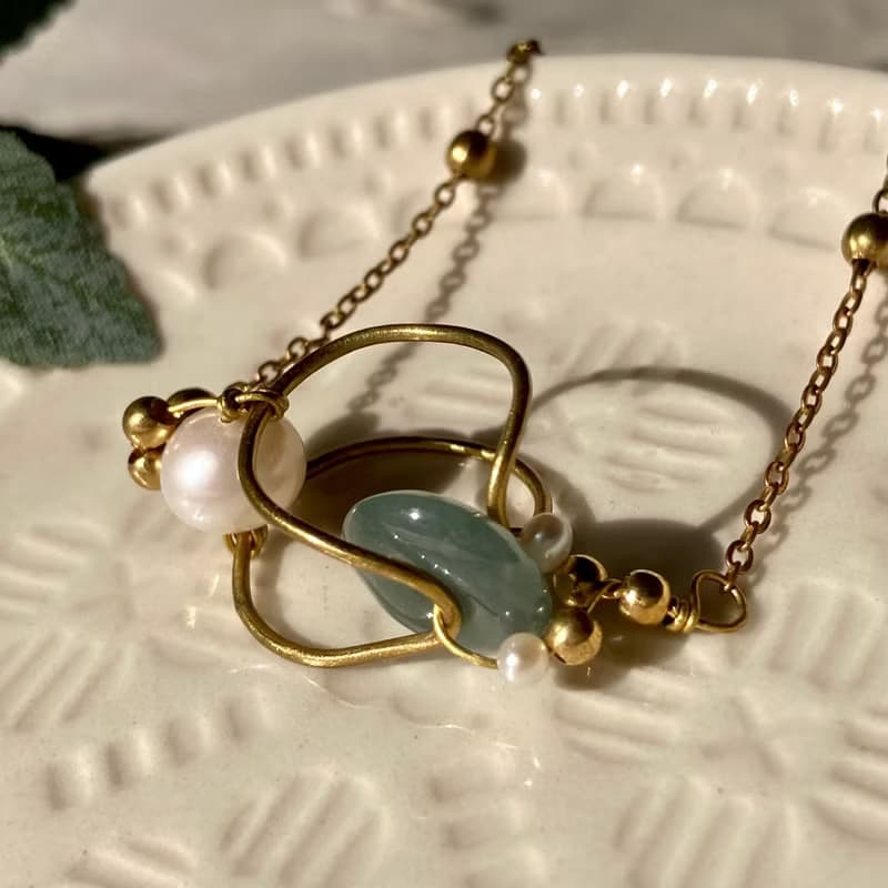 老林雜貨 | 立體黃銅圈珍珠玉石手鍊