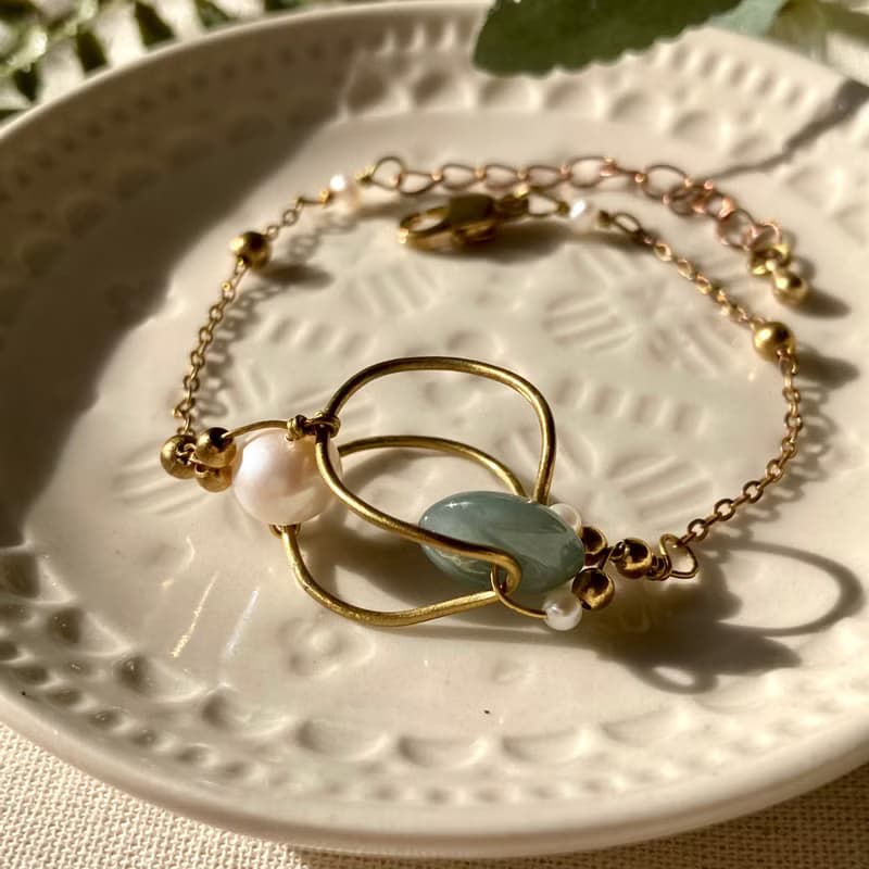 老林雜貨 | 立體黃銅圈珍珠玉石手鍊