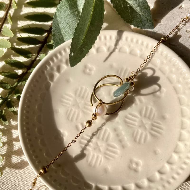 老林雜貨 | 立體黃銅圈珍珠玉石手鍊