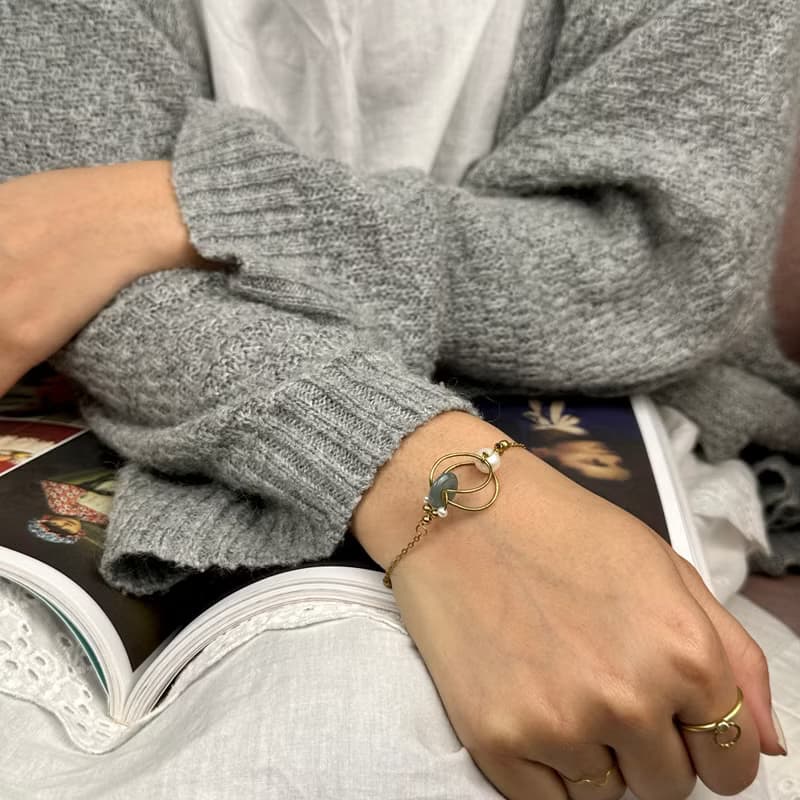 老林雜貨 | 立體黃銅圈珍珠玉石手鍊