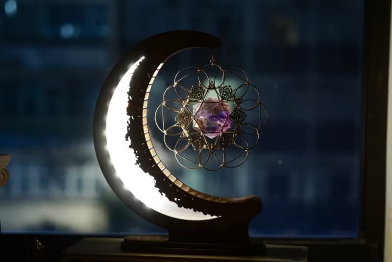 月亮燈 天然紫黃晶 星 水晶 手作 獨一無二 木燈座 情人節禮物