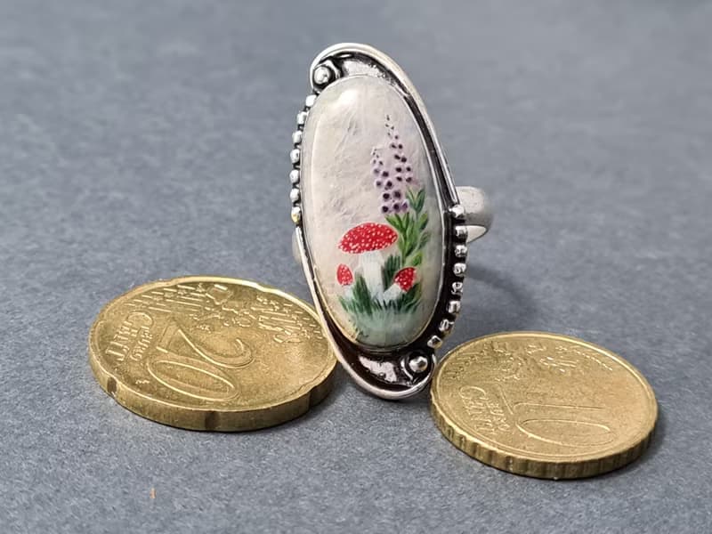 Moonstone ring Stone painting fly agaric Aaa large Moonstone ring 飛木耳環
