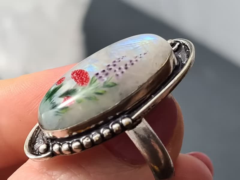 Moonstone ring Stone painting fly agaric Aaa large Moonstone ring 飛木耳環