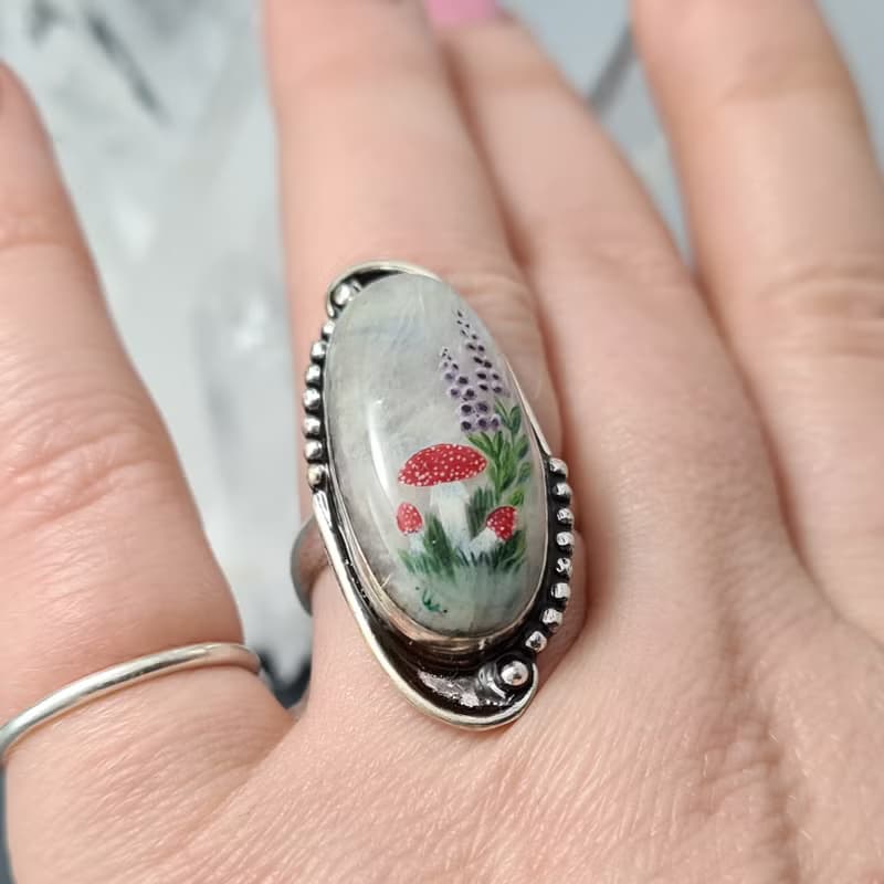 Moonstone ring Stone painting fly agaric Aaa large Moonstone ring 飛木耳環