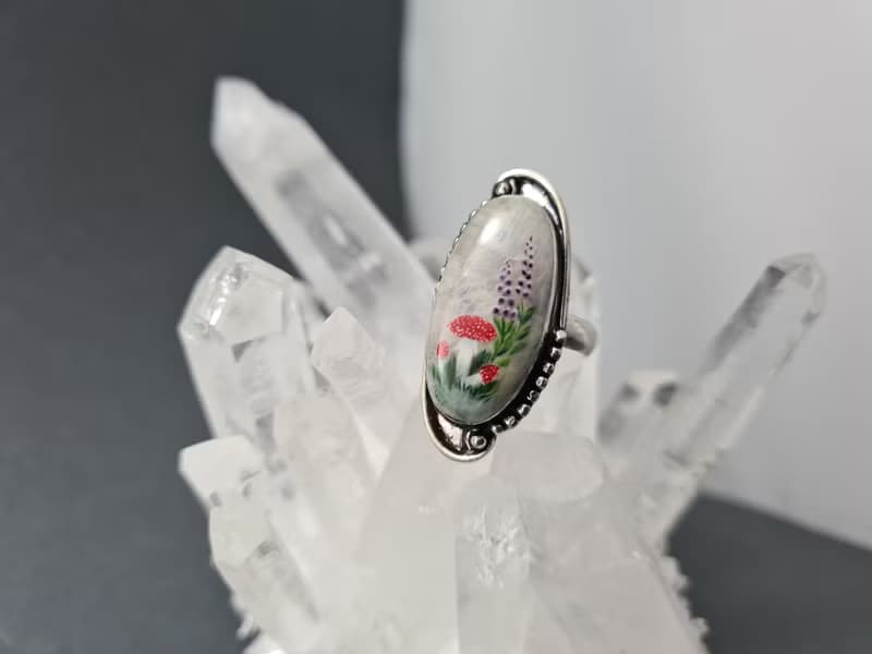 Moonstone ring Stone painting fly agaric Aaa large Moonstone ring 飛木耳環