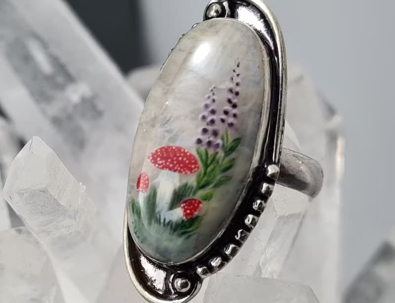 Moonstone ring Stone painting fly agaric Aaa large Moonstone ring 飛木耳環