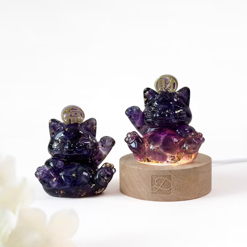 水晶 旺福貓 旺財貓 圓形燈座組 | 天然石擺飾 | 生日 聖誕禮盒