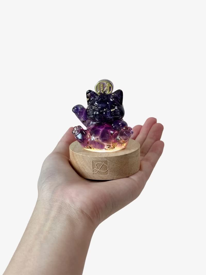 水晶 旺福貓 旺財貓 圓形燈座組 | 天然石擺飾 | 生日 聖誕禮盒