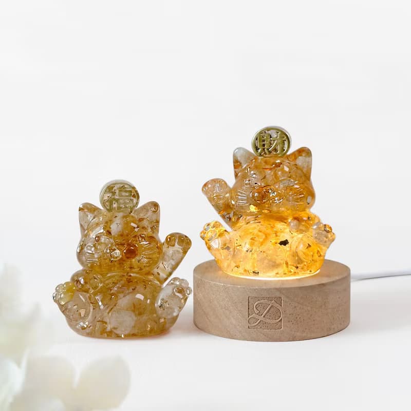 水晶 旺福貓 旺財貓 圓形燈座組 | 天然石擺飾 | 生日 聖誕禮盒
