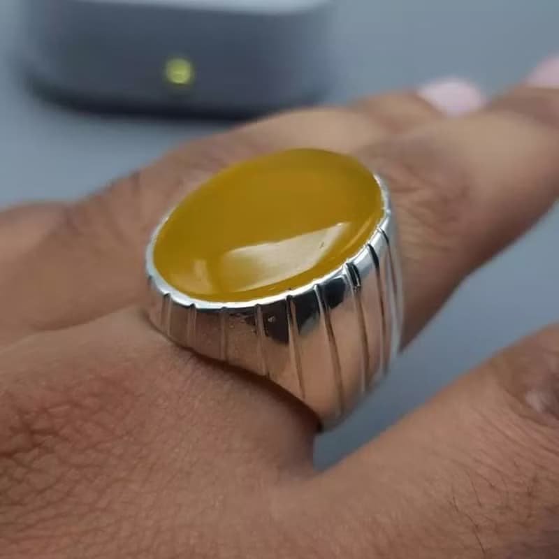 Untreated Yellow Aqeeq ring Yemeni Aqeeq mens Ring - Agate ring- Yamani Akik
