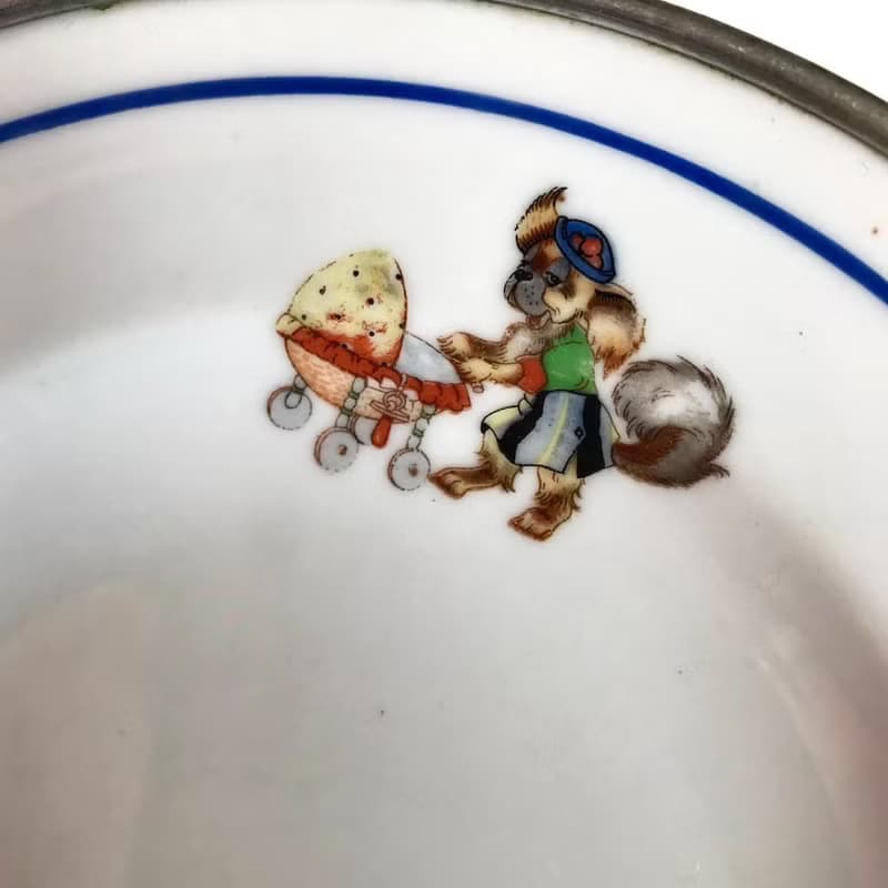 復古嬰兒食品加熱盤|黃銅和瓷器嬰兒食品盤|復古嬰兒用品|