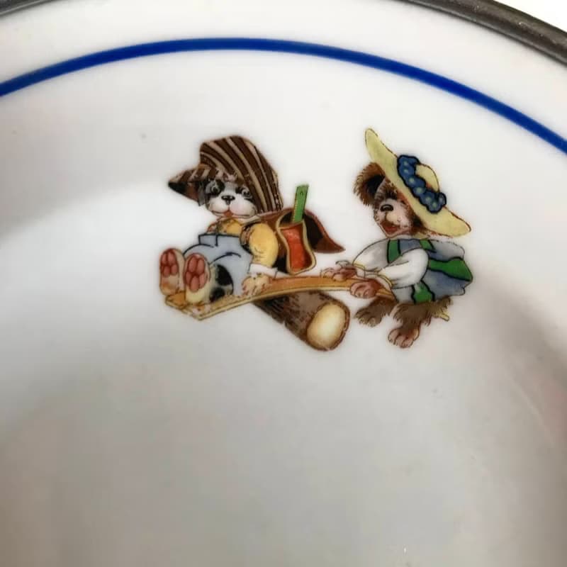 復古嬰兒食品加熱盤|黃銅和瓷器嬰兒食品盤|復古嬰兒用品|