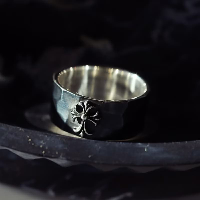Gothic Cross Flat Ring Hammered Textured 925 Antique