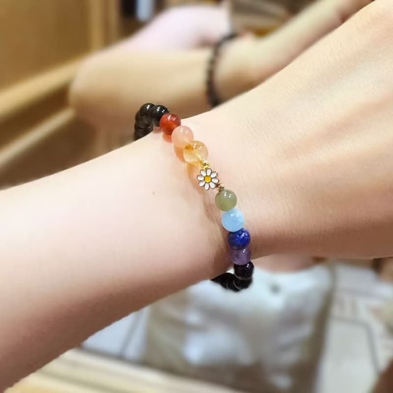 【七脈輪 彩虹雛菊】七脈輪 彩色 黑瑪瑙 水晶手鍊