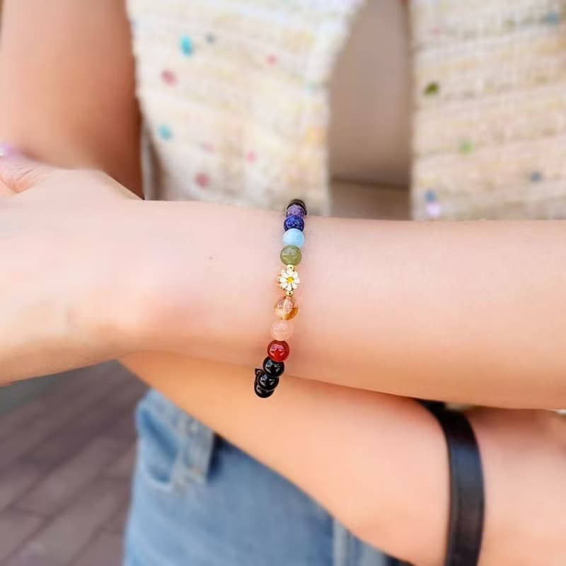 【七脈輪 彩虹雛菊】七脈輪 彩色 黑瑪瑙 水晶手鍊