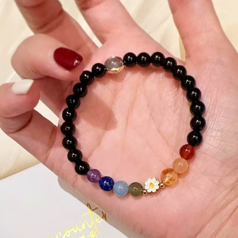 【七脈輪 彩虹雛菊】七脈輪 彩色 黑瑪瑙 水晶手鍊