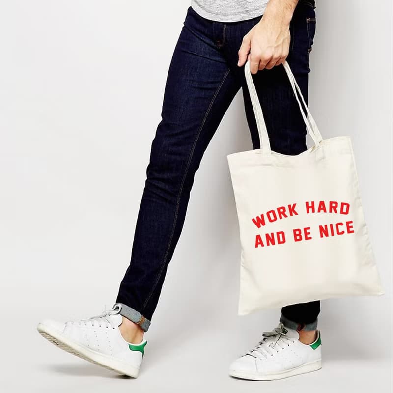 Work Hard and Be Nice 帆布環保購物袋 米白 交換禮物文青聖誕