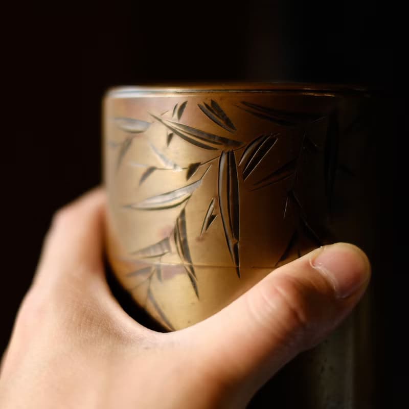 日本古美術【玉川堂】竹葉紋 黃銅茶罐 茶倉 茶葉罐