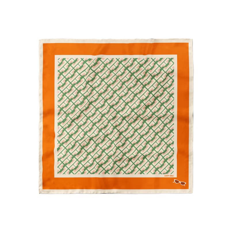 ::真絲絲巾100%silk:: — 橙青檸鏈條印花方巾質感禮物