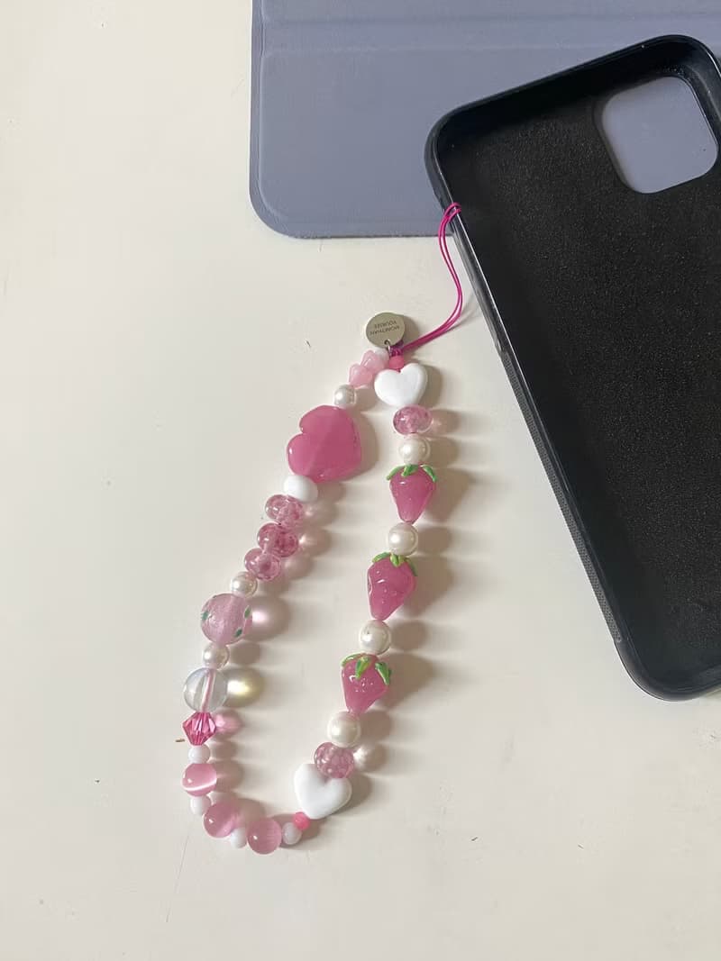 Love Pink Phone Strap Keychain, Phone Strap, Glass Beaded Mobile Phone Strap, Handmade